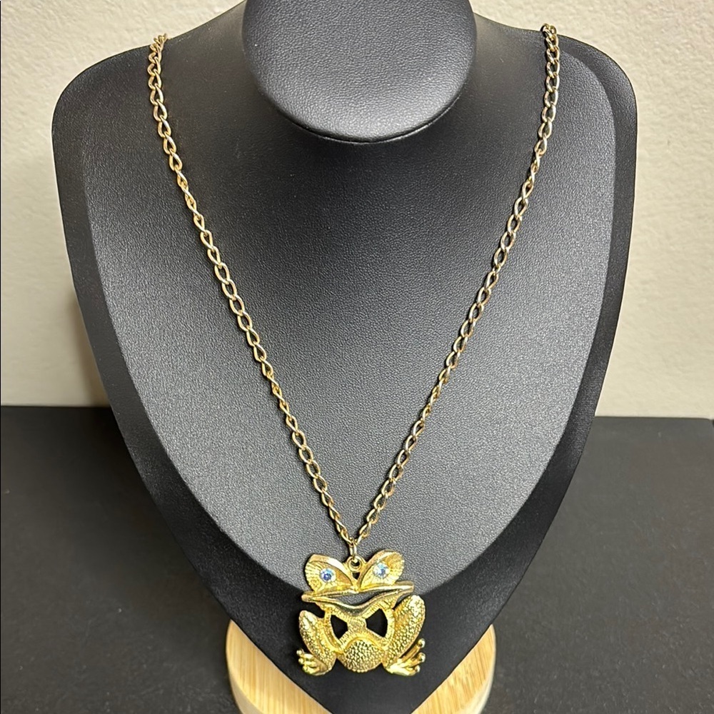 Frog Aurora Borealis Eyed Long Gold Tone Pendant Necklace